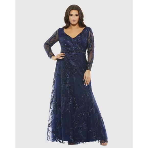 Mac Duggal Illusion Long Sleeve A-line Gown Blue maxi dress size 18 W UB - Picture 3 of 8